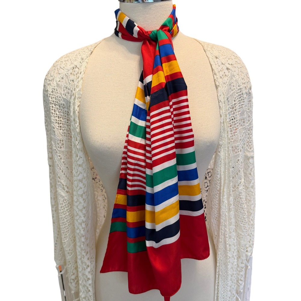 Vintage Multi Color Striped Silk Feel Scarf Red Blue Yellow Green Rectangular